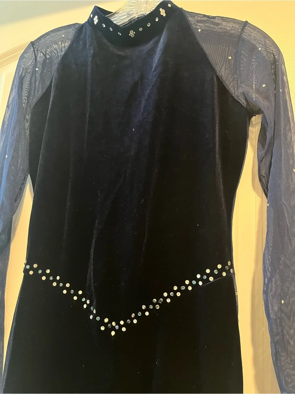 Custom Made Navy Velvet Jazz Dance Unitard with Sheer Sleeves and Crystals